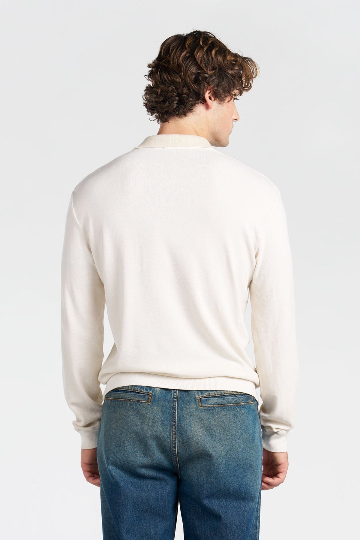 Waffle Knit Cotton Long Sleeve Polo Shirt with Engineered Collar