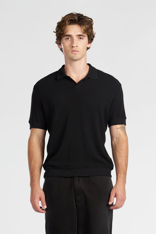 Waffle Knit Cotton Polo Tee with Engineered Collar