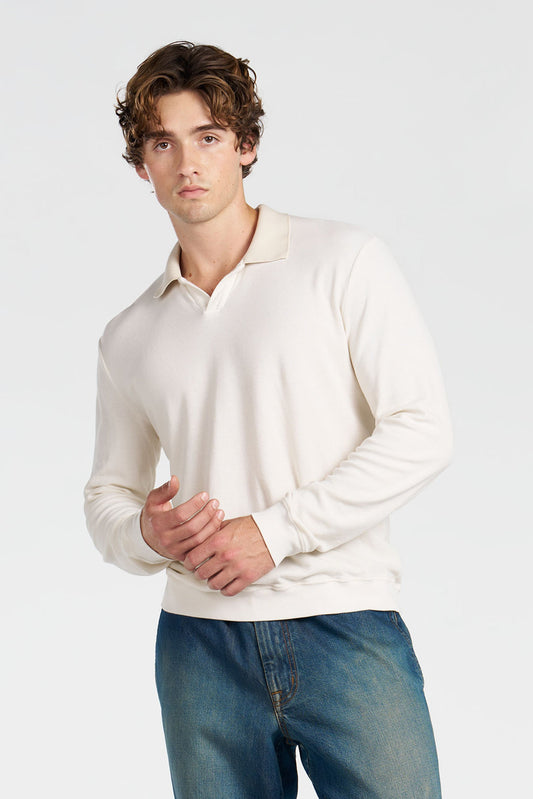 Waffle Knit Cotton Long Sleeve Polo Shirt with Engineered Collar