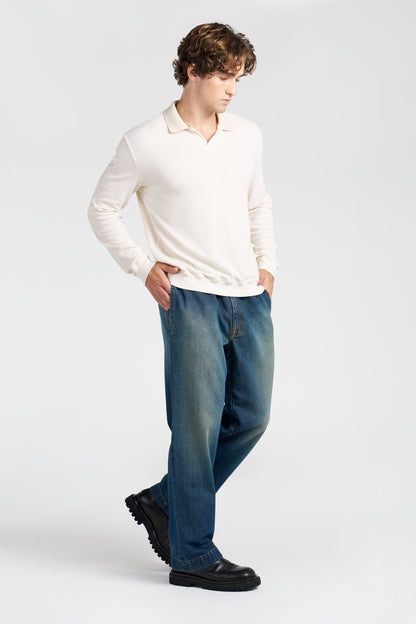 Waffle Knit Cotton Long Sleeve Polo Shirt with Engineered Collar