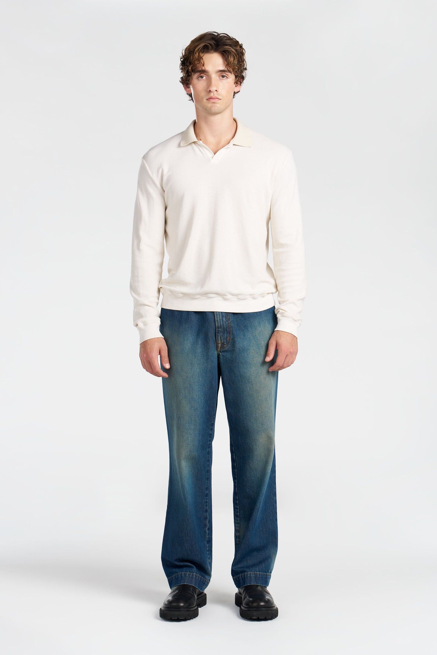 Waffle Knit Cotton Long Sleeve Polo Shirt with Engineered Collar