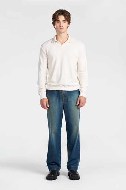 Waffle Knit Cotton Long Sleeve Polo Shirt with Engineered Collar