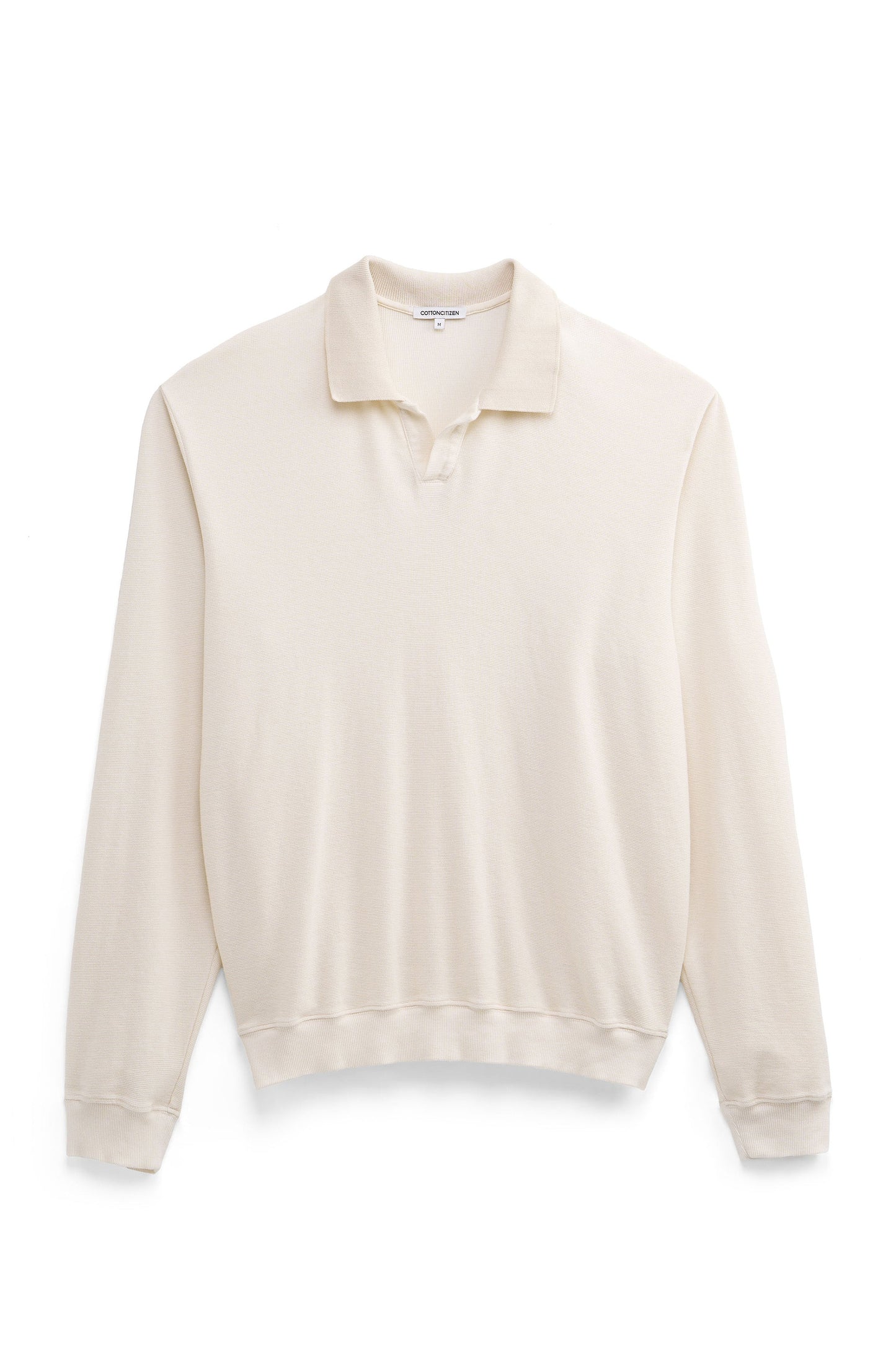 Waffle Knit Cotton Long Sleeve Polo Shirt with Engineered Collar