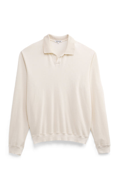 Waffle Knit Cotton Long Sleeve Polo Shirt with Engineered Collar